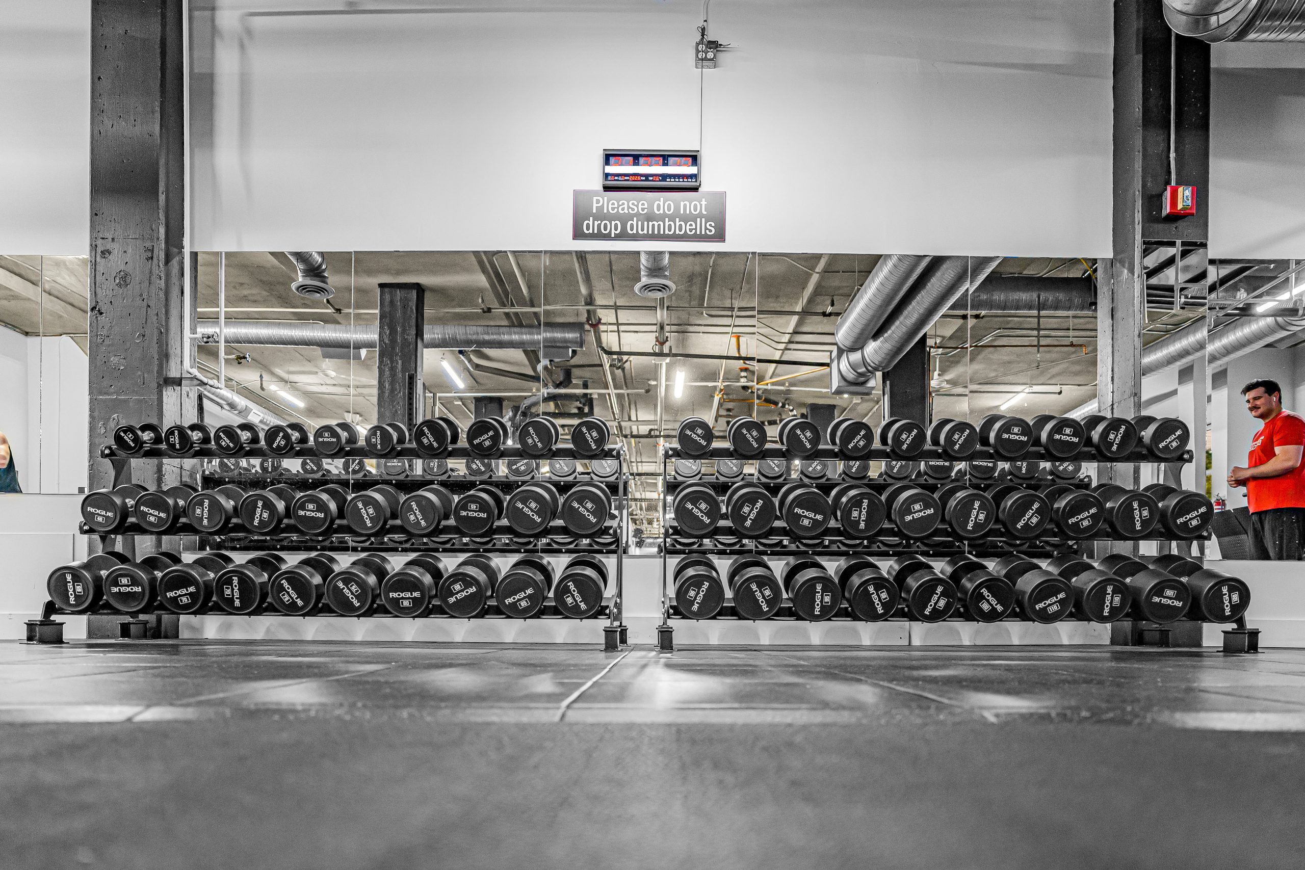 Rogue dumbbell rack from 5 to 120 pounds at Athletic Evolution